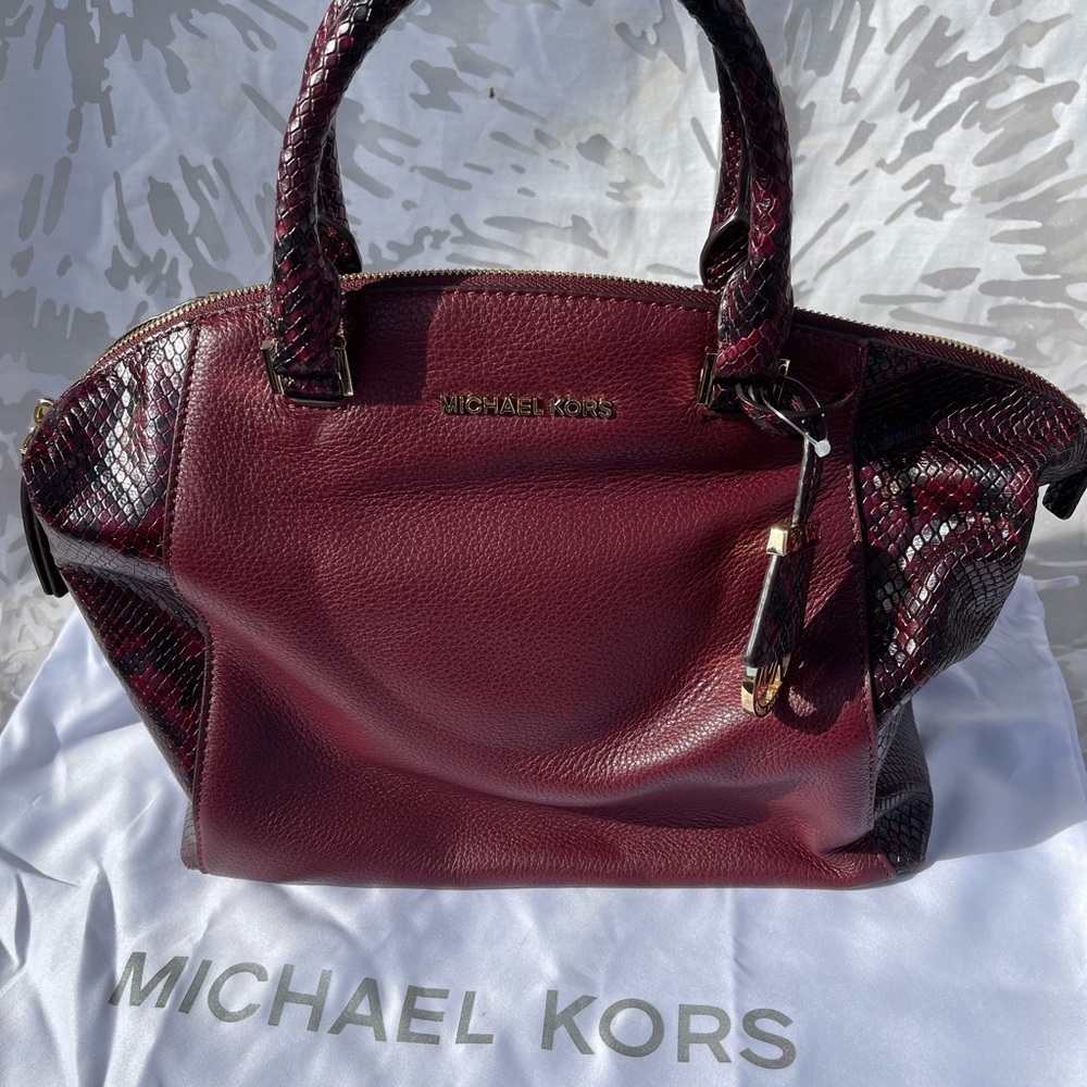 Michael Kors Wine Colored Leather Snake Skin Handbag
